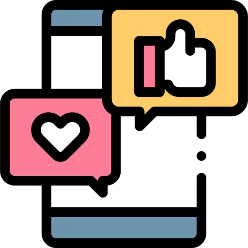 icono de un telefono con like y corazon saliendo de el