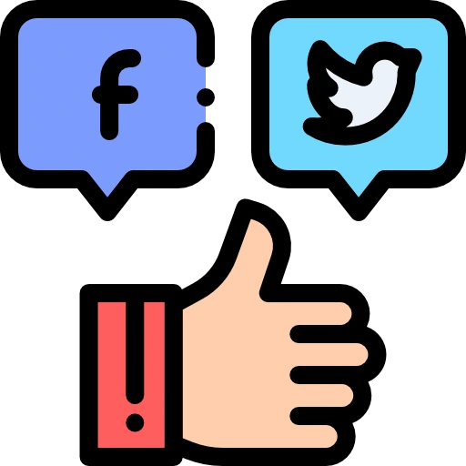 icono de una mano con iconos de facebook y twitter sobre ella